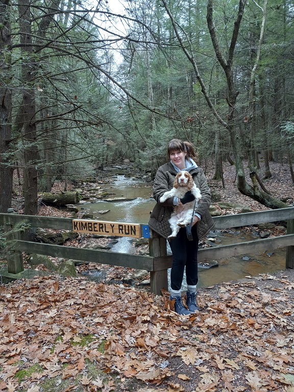 Jill Boyer hiking the Kimberly Run trails in Somerset, PA with her dog 'Lollipop'.